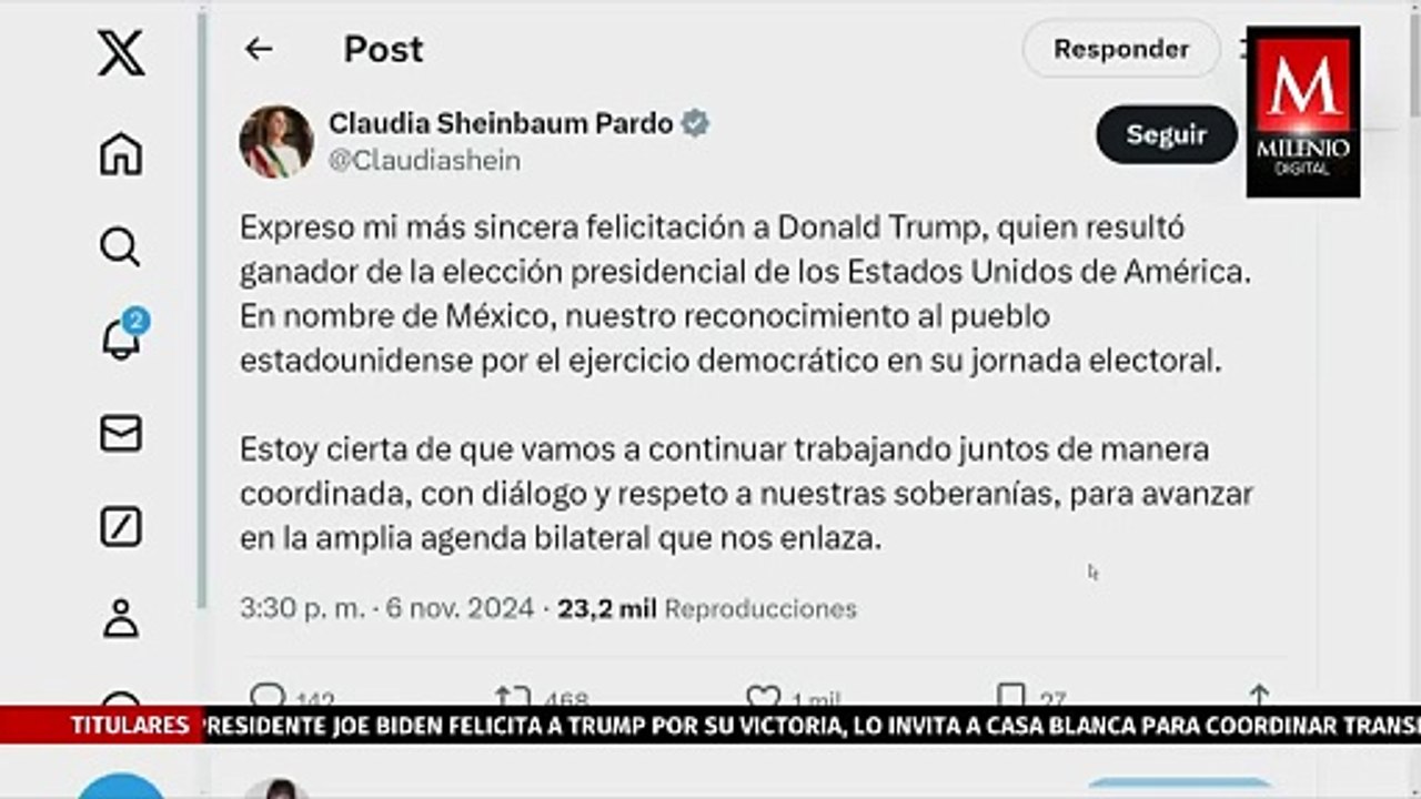 Claudia Sheinbaum felicita a Donald Trump por su triunfo en las elecciones de Estados Unidos