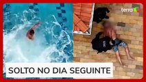 Homem pula em piscina para tentar fugir da polícia, mas acaba preso no interior de SP