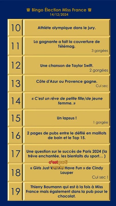 Bingo Miss France 2025 partie 2 de 10 à 19