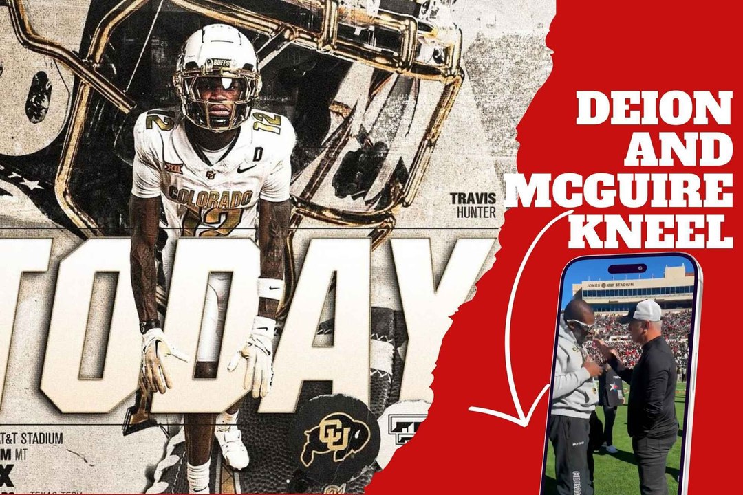 Deion Sanders and Joey McGuire take a knee on the court in an emotional meeting at the Colorado vs Texas Tech game