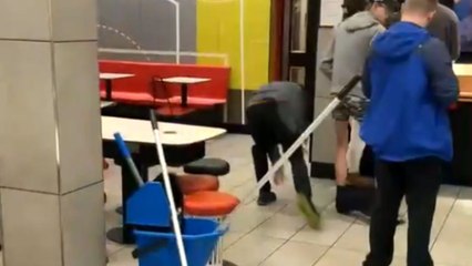 Side-splitting prank unfolds as man’s pants are yanked down while ordering food