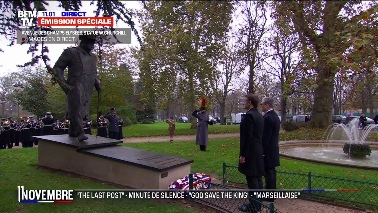 Commémorations du 11-Novembre: Emmanuel Macron et Keir Starmer face à la statue de Winston Churchill