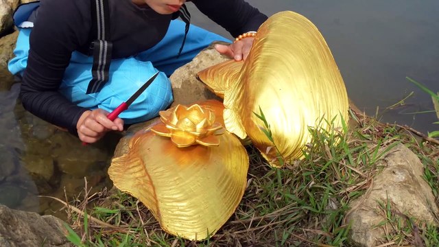 The golden clam bites a green snake, and the girl rescues and retrieves gold, pearls, and diamonds
