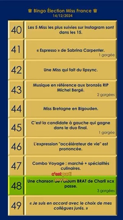 Bingo Miss France 2025 partie 5 40-49