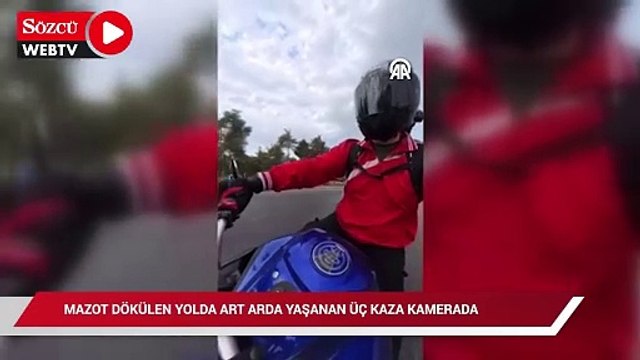 Mazot dökülen yolda art arda yaşanan üç kaza kamerada
