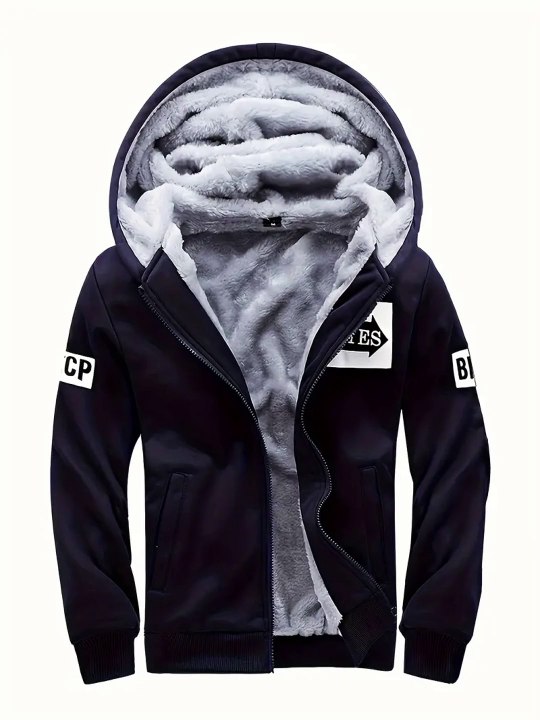 Men's Fleece-Lined Hooded Jacket - Stylish Letter Print, Zip-Up Sports Coat for Fall/Winter Outdoor Activities