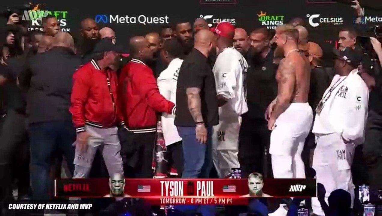 Mike Tyson slaps Jake Paul after their ceremonial weigh-in and says "the talking is over."