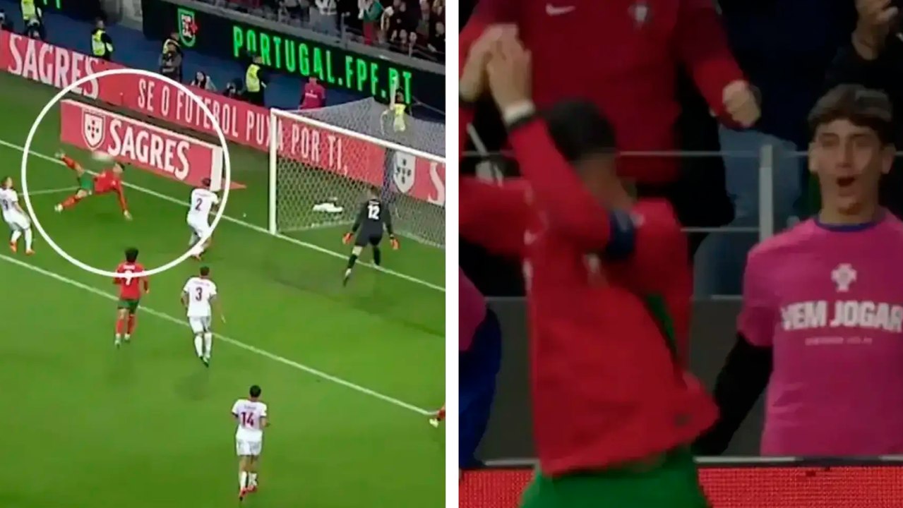 Cristiano Ronaldo festeja con los recogebalones su gol en el Portugal vs. Polonia