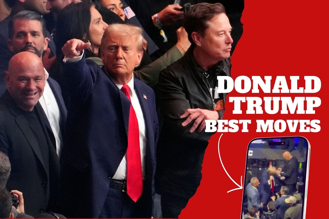 Donald Trump dances and greets Triple H and Dana White at UFC 309 as he is seated beside Elon Musk