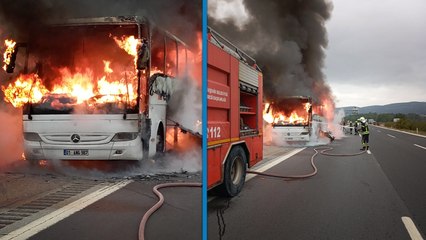 Yolcu otobüsü otoyolda alev alev yandı