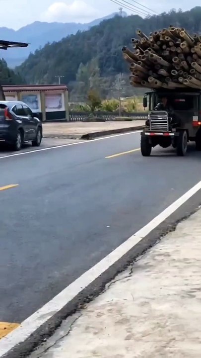 A video of a diesel tractor climbing a mountain and pulling bamboo. A cart full of bamboo is called back to the factor