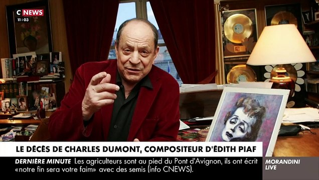 Le chanteur Charles Dumont, compositeur du titre Je ne regrette rien d'Edith Piaf, est décédé à l'âge de 95 ans, annonce ce matin sa compagne
