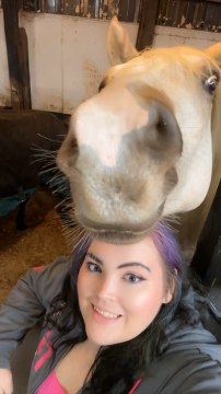 Horse Rubs Chin on Woman's Arm