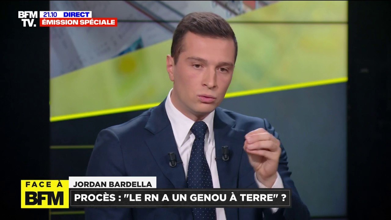 Procès du RN: "L'objet de ces réquisitions est double, empêcher Marine Le Pen de faire de la politique, et tuer financièrement le Rassemblement national", estime Jordan Bardella
