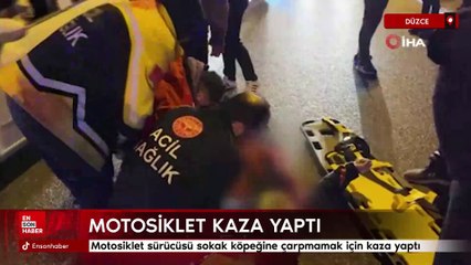 Düzce'de motosiklet sürücüsü sokak köpeğine çarpmamak için kaza yaptı