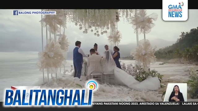 Beach wedding sa Aurora, hindi napigil ng malalakas na alon bunsod ng bagyo | Balitanghali