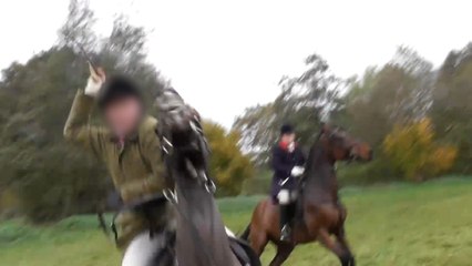 Moment horse rider appears to whip saboteur during hunt meet