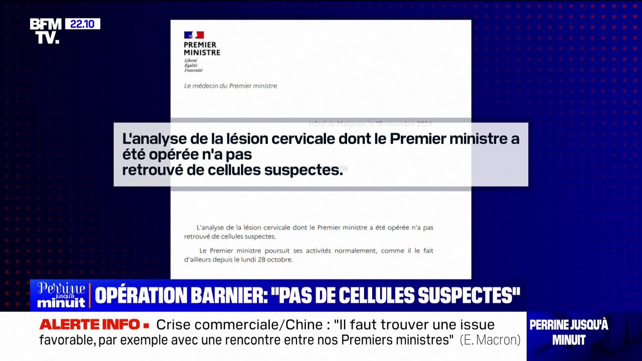 Opération des cervicales de Michel Barnier: pas de "cellules suspectes" retrouvées, communique Matignon