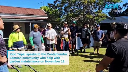 Rico Tupai addresses Coota Samoan community who gathered to help sick local with gardening.