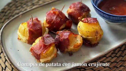 Canapés de patata con queso fundido y jamón crujiente. (1)