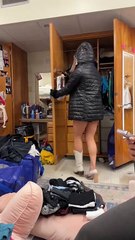 Girl is cleaning out her dorm closet and wearing a little bit of everything!