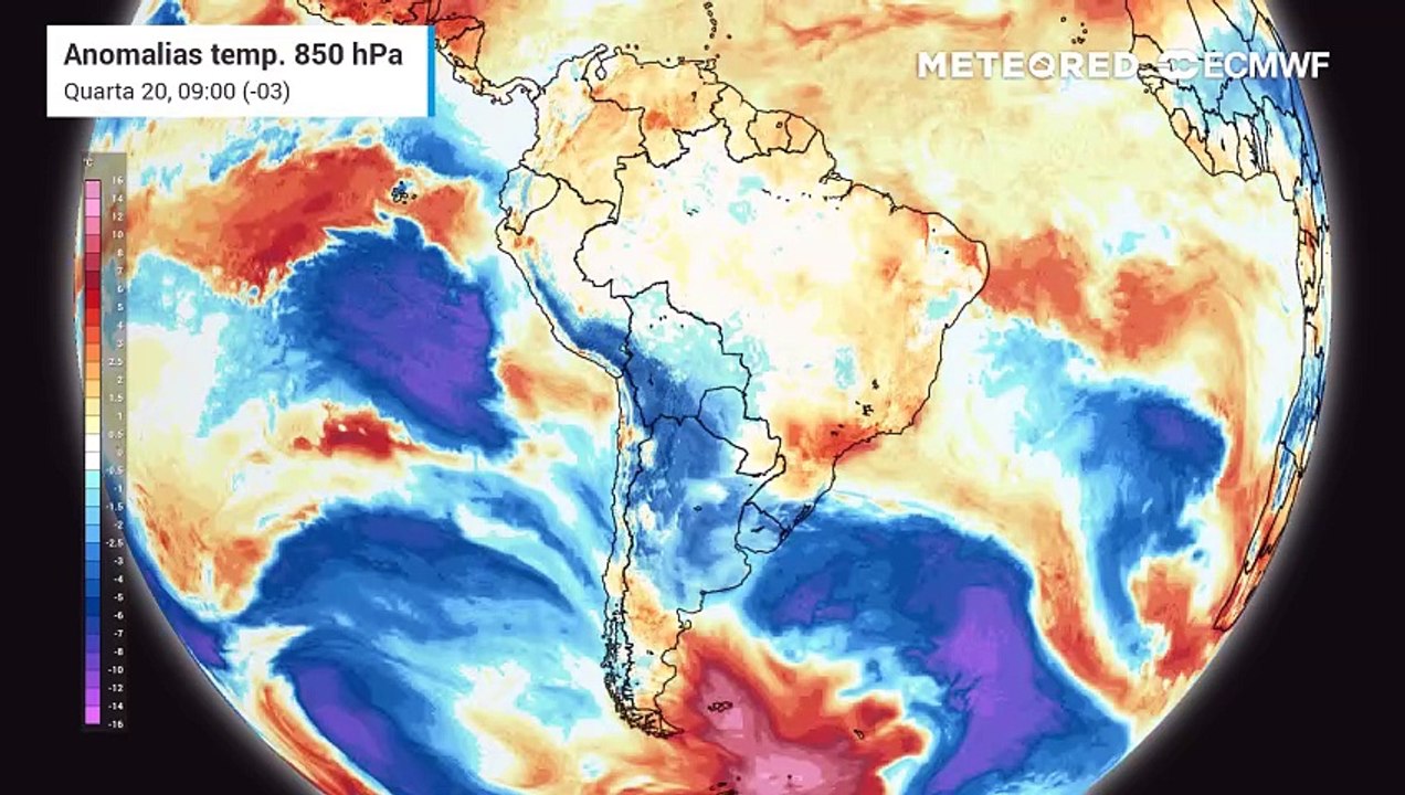 Anomalias de temperatura do ar (em ºC) em 850hPa