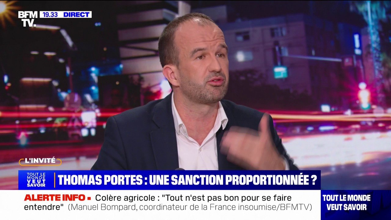 "Je ne crois pas qu'il y ait eu des menaces explicites": Manuel Bompard (LFI) évoque la sanction du député Thomas Portes pour des propos insultants visant le RN à l'Assemblée