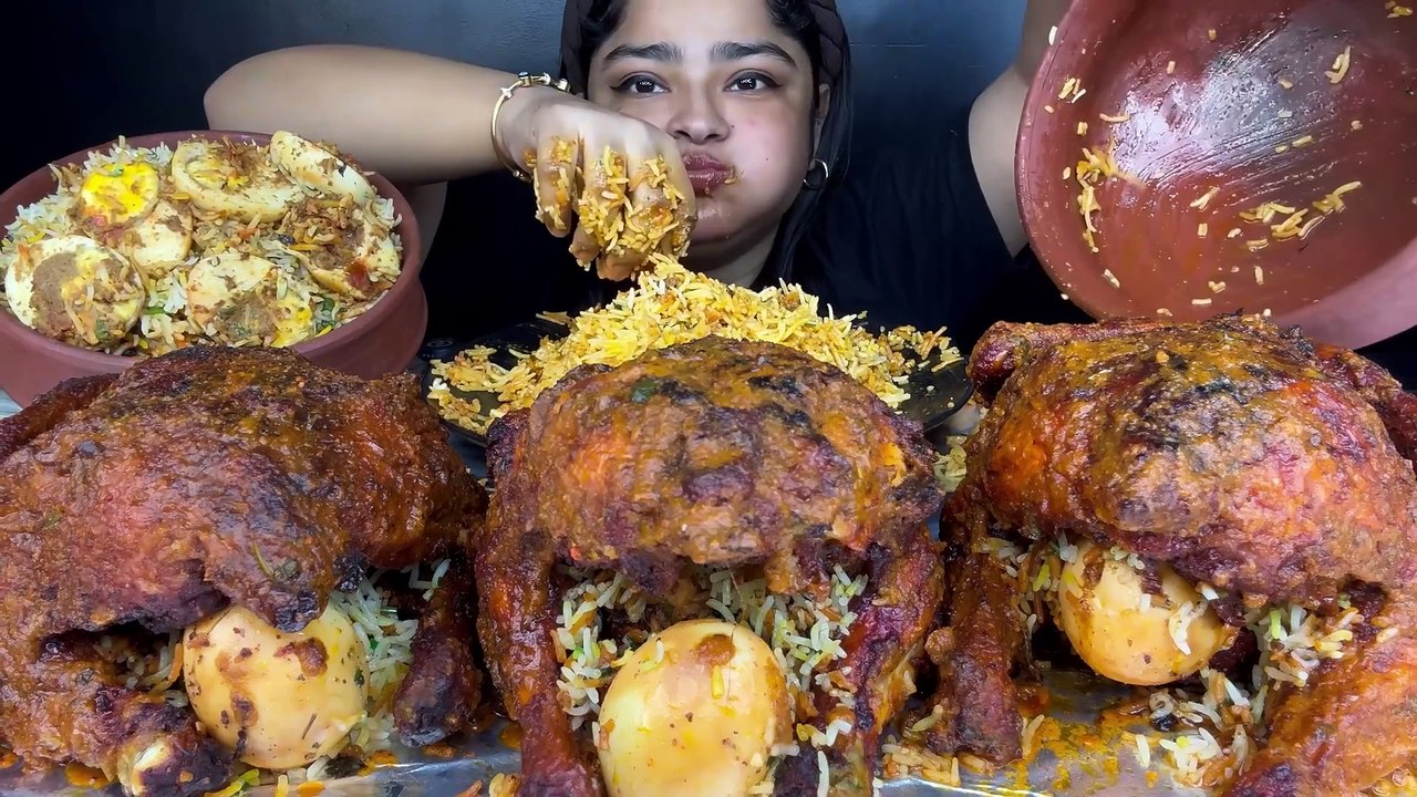 3 SPICY WHOLE ROAST CHICKEN BIRYANI WITH CHICKEN MATKA BIRYANI AND EGG MATKA BIRYANI _ ASMR MUKBANG