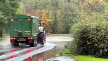 A tractor and trailer going through the flood at Downes Corner, Crediton, video Alan Quick IMG_8501