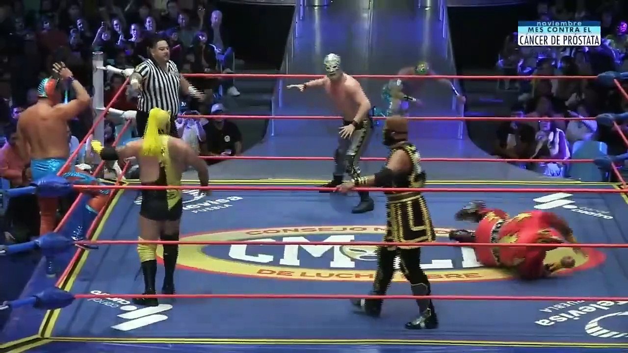 Rayo Metálico, Volcano, Xelhua vs Guerrero Maya Jr., Multy, Okumura