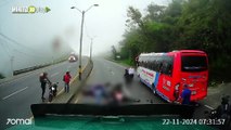 Momento exacto de la colisión entre tres motociclistas en la Autopista Medellín-Bogotá 