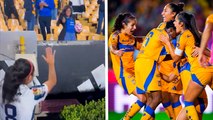 Jugadoras de Tigres Femenil y Rayadas entregan balones firmados a la afición tras el partido