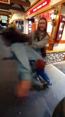 Woman pretends to trip but pulls out some pretty awesome dance moves!