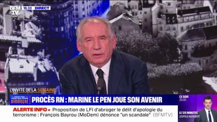 Procès de Marine Le Pen et du RN: "Je n'aime pas l'injustice, même quand elle est faite à mes adversaires", affirme François Bayrou (MoDem)