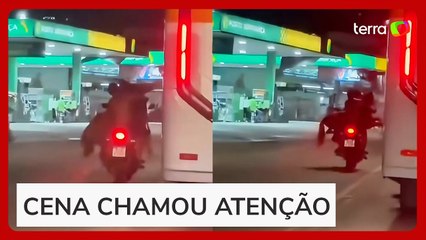 Cavalo é carregado em moto por duas pessoas em Nova Iguaçu, no RJ