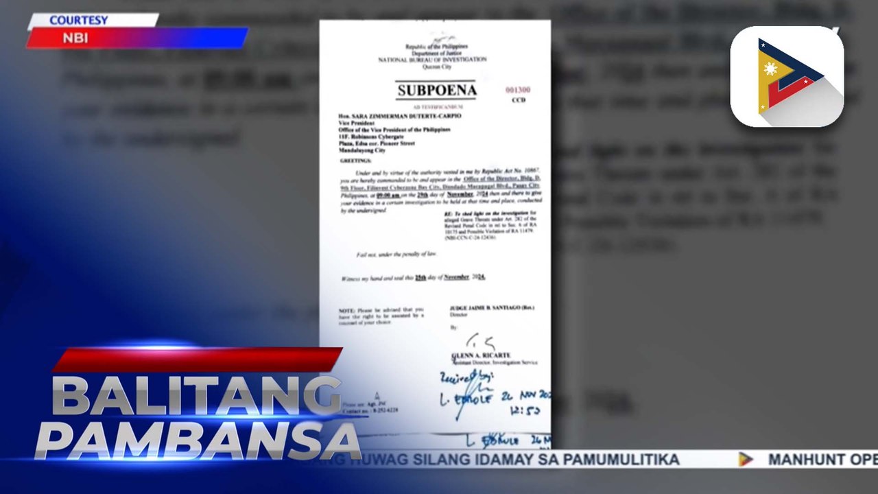 Subpoena para kay VP duterte, naihain na ng NBI