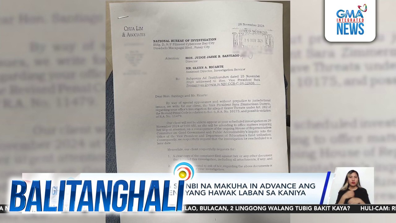 VP Duterte, humiling sa NBI na makuha in advance ang mga tanong at ebidensiyang hawak laban sa kaniya | Balitanghali