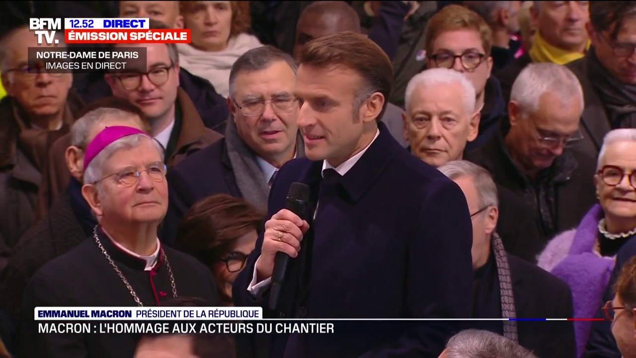 "C'est une émotion de nous retrouver ici-même": Emmanuel Macron s'exprime au cœur de Notre-Dame devant les acteurs du chantier