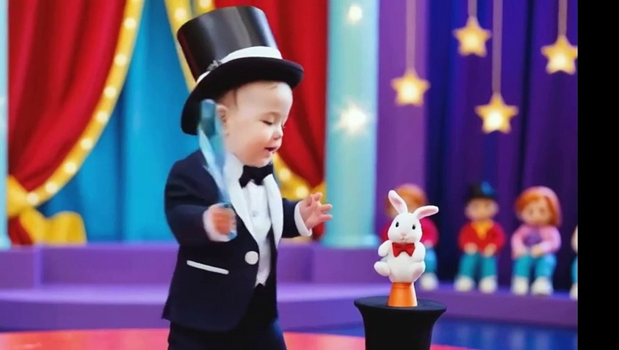 A dapper baby magician on a tiny stage FOR KID
