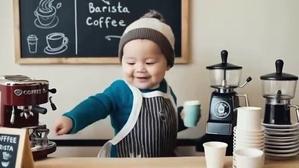 A cozy baby barista behind a tiny coffee counter-ANIMATION FOR KID