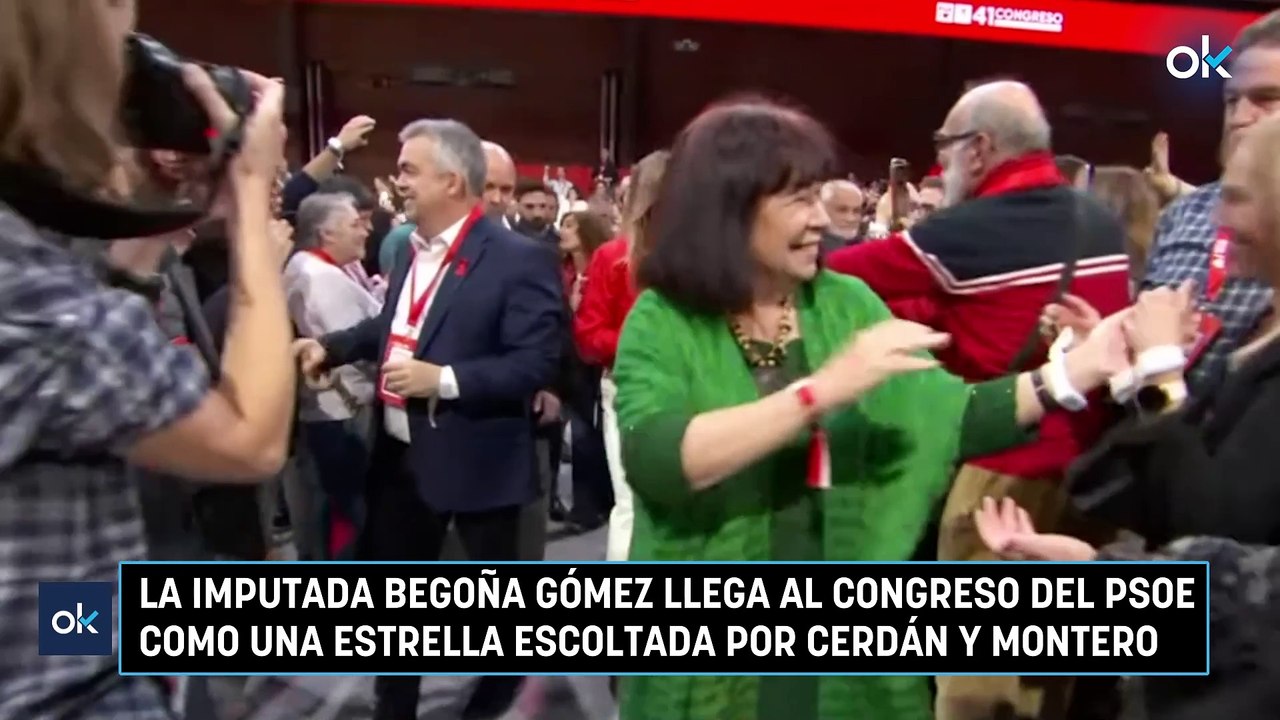 La imputada Begoña Gómez llega al congreso del PSOE como una estrella escoltada por Cerdán y Montero