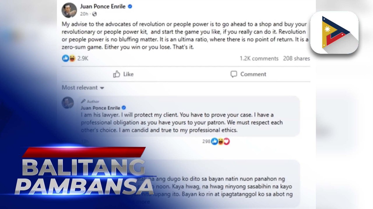 Presidential Legal Counsel Juan Ponce Enrile, binigyang-diin na hindi bluffing matter ang people power