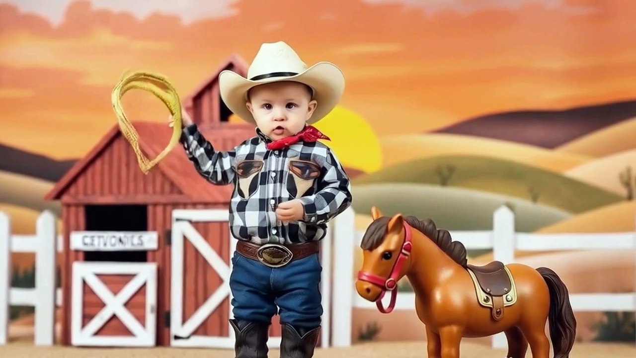 A stylish baby cowboy standing by a toy barn -ANIMATION FOR KID