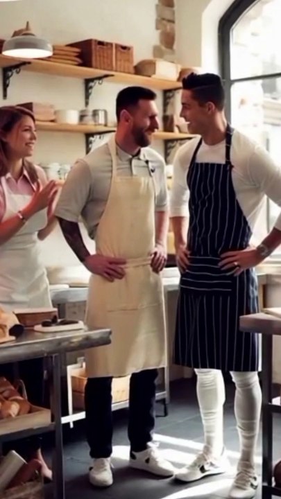 Messi and Ronaldo are in a cozy European bakery participating in a charity bake-off. Messi, wearing a cream apron with flour smudges, is carefully icing a cake,
