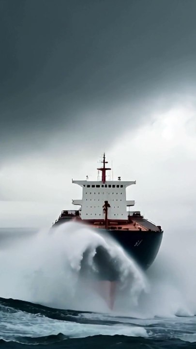 Oil tanker sails through huge waves