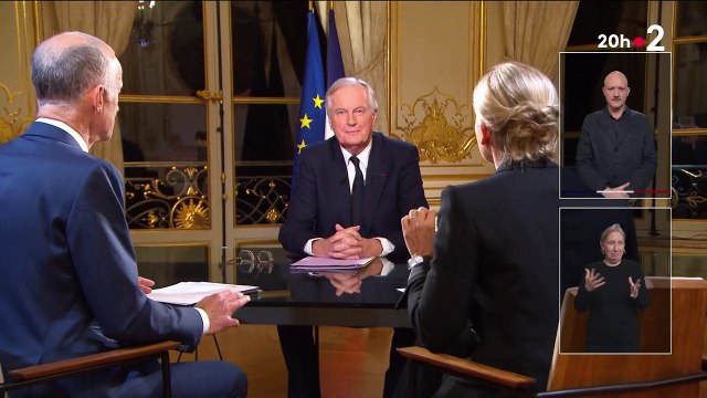 Gilles Bouleau pour TF1 et Anne-Sophie Lapix pour France 2 ont interviewé le Premier ministre en sursis Michel Barnier depuis l'Hôtel Matignon ce mardi 3 décembre 2024.
