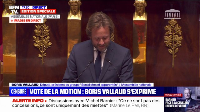 Motion de censure: À aucun moment, vous nous avez laissé améliorer votre projet , déclare Boris Vallaud à Michel Barnier