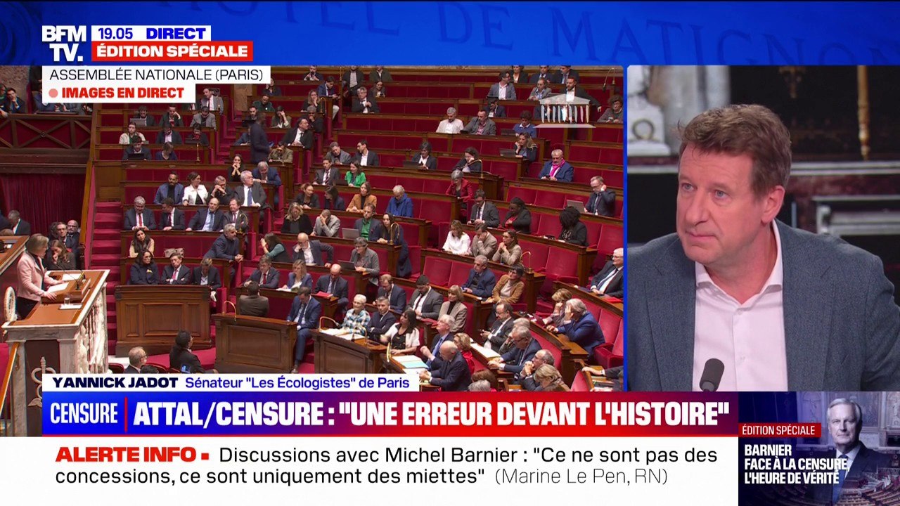 Motion de censure: "Ce que nous souhaitons, c'est retrouver de la sérénité", espère Yannick Jadot (Les Écologistes)
