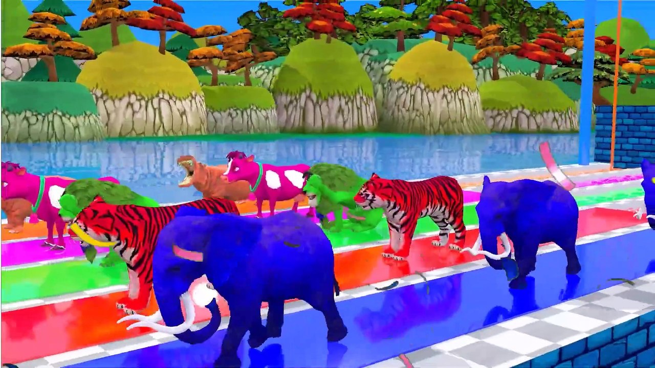 Paint Animals: Cow Hippo Elephant Bear Tiger Lion Fountain Crossing Transformation Cartoon