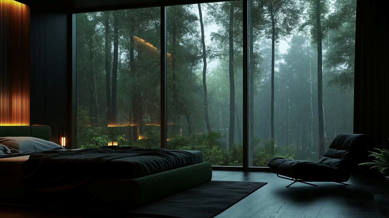 Rainy Tropical Forest Ambience | Soft Rain and Thunder with Fireplace At Cozy Porch | Sleep, Relax